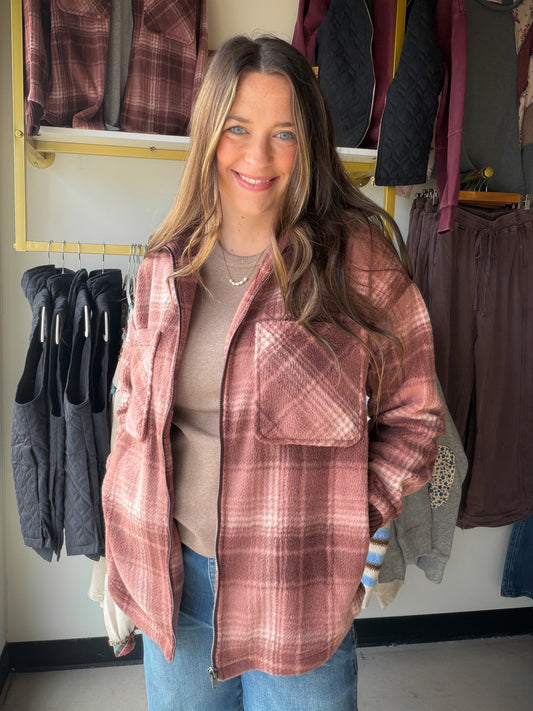Meet the layer that makes a simple outfit feel ready for the day. The Mauve Plaid Holland Jacket by Thread &amp; Supply brings a soft-looking plaid accent to your cool-weather rotation. Slip it over a favorite tee for errands, or pair it with a knit when you want an easy layered look.

Why you'll love it

Mauve plaid adds a gentle pop of pattern to everyday outfits.
A versatile jacket layer for styling with denim, dresses, and knits.
By Thread &amp; Supply.
Size notes

Sophie is wearing the Small. Size guid