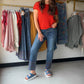 The details make the difference. The Embroidered Hem Kick Denim features delicate colorful embroidery along the hem that gives these jeans an artisan, one-of-a-kind feel. A dark indigo wash and flared kick hem nod to retro-modern style, making them the kind of denim you reach for again and again.

Kick crop silhouette with flared hem
Colorful embroidery detail at hem
Dark indigo wash
Cotton/Poly/Rayon/Spandex blend for comfort and stretch
Pairs effortlessly with fitted tees, flowy blouses, or a classic whit