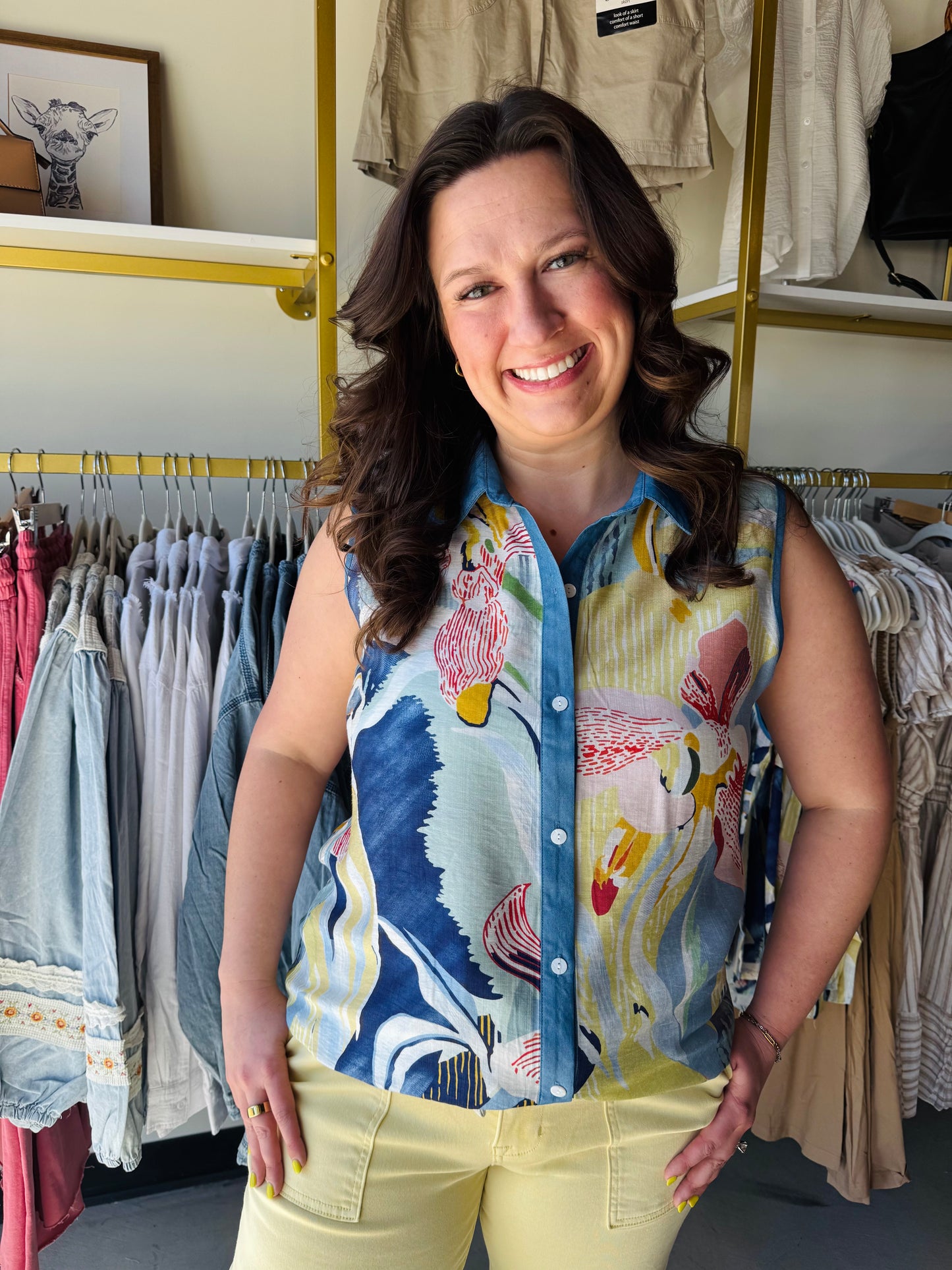Creations

Shop our Vibrant Abstract Button-Up Tank with stylish denim trim. This sleeveless collared top offers a bold, chic look perfect for summer. Order yours today!

Make a bold statement with this eye-catching abstract print tank featuring a chic denim-collared accent. This lightweight, sleeveless button-up offers an effortless silhouette that transitions perfectly from a polished tucked look to a relaxed summer vibe.

Chic denim-trimmed collar and placket.
Vibrant, artistic abstract print design.
Lig