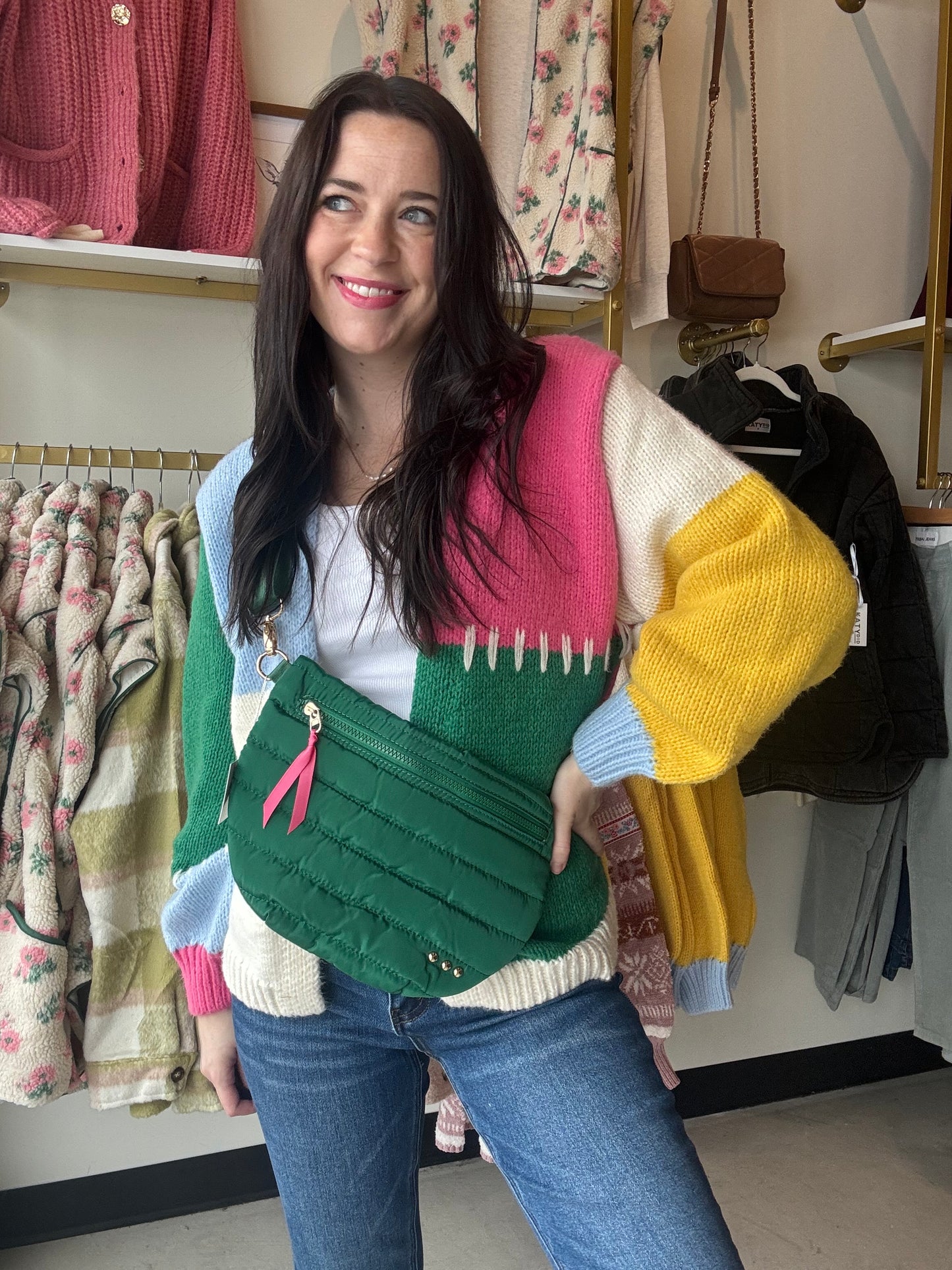 Bibi&nbsp;

Elevate your winter wardrobe with our Pink Multi Block Cardigan. This open front cardigan features a mix of pink, ivory, yellow, green, and blue, accented with stitch detailing for added style. Stay cozy and stylish with a pop of color.