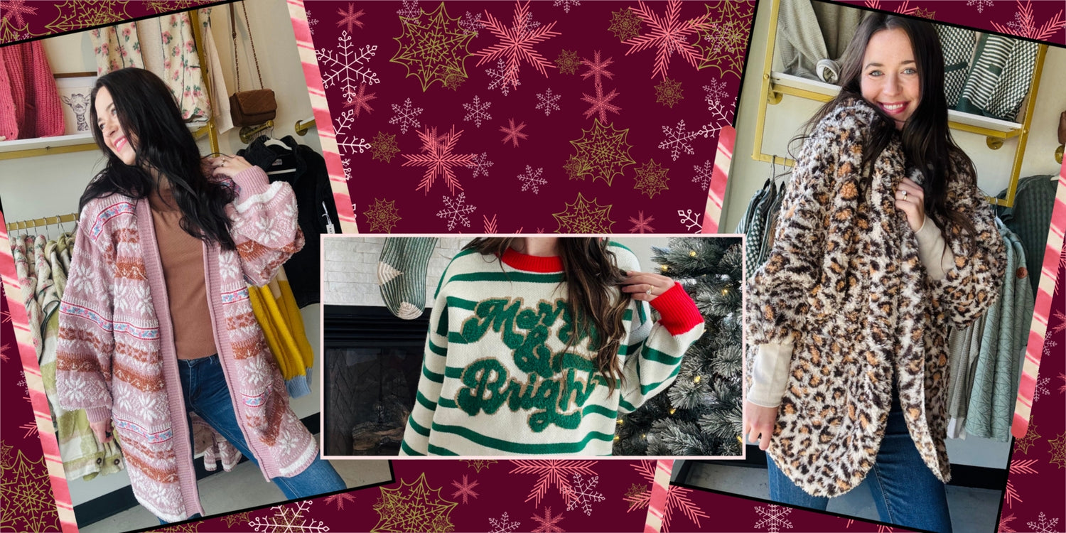 Merry & Bright striped sweater, leopard print sweater cardigan and a pink snowflake open cardigan sweater
