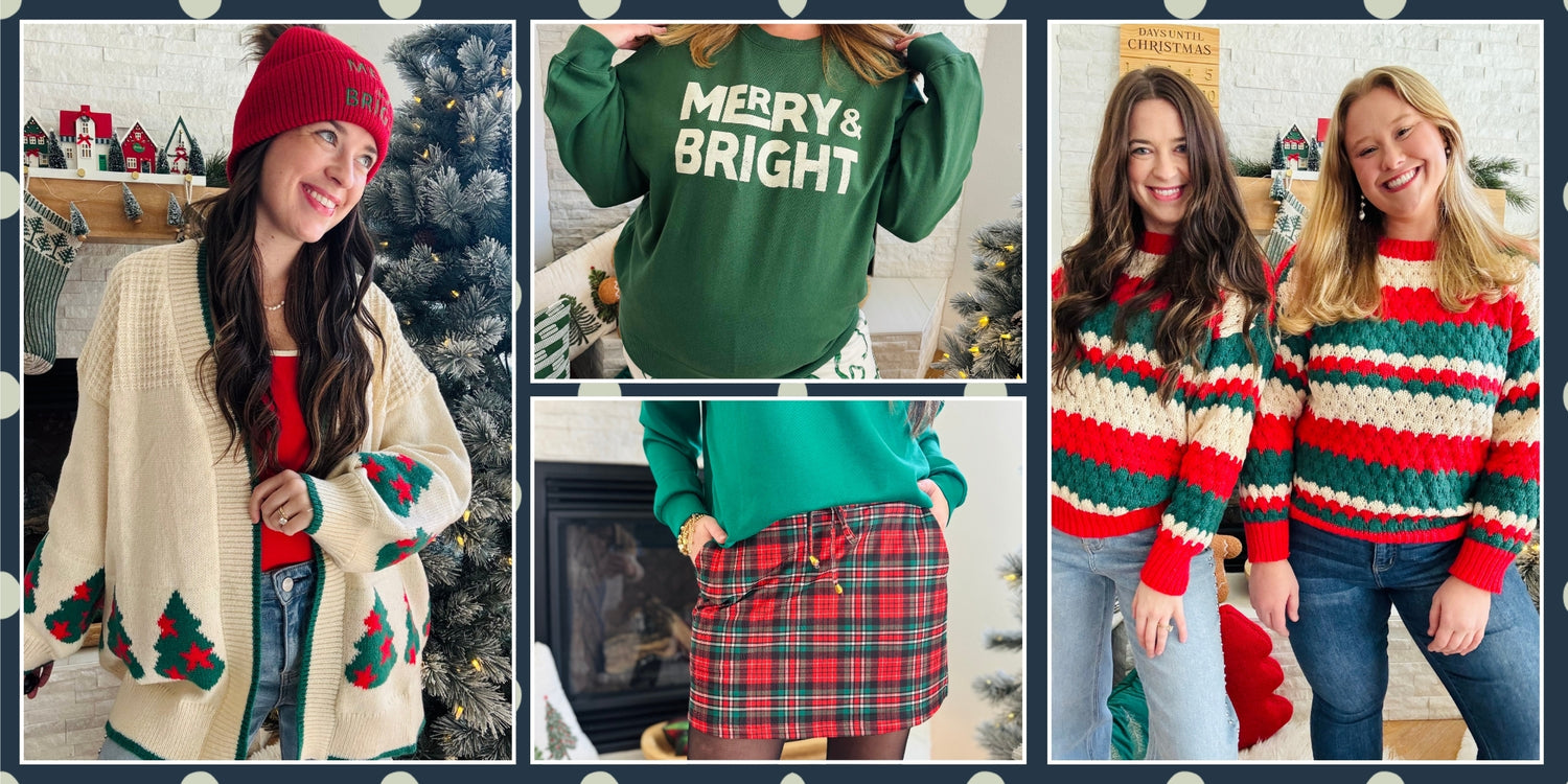 Holiday sweaters, festive season clothes in red, green and white