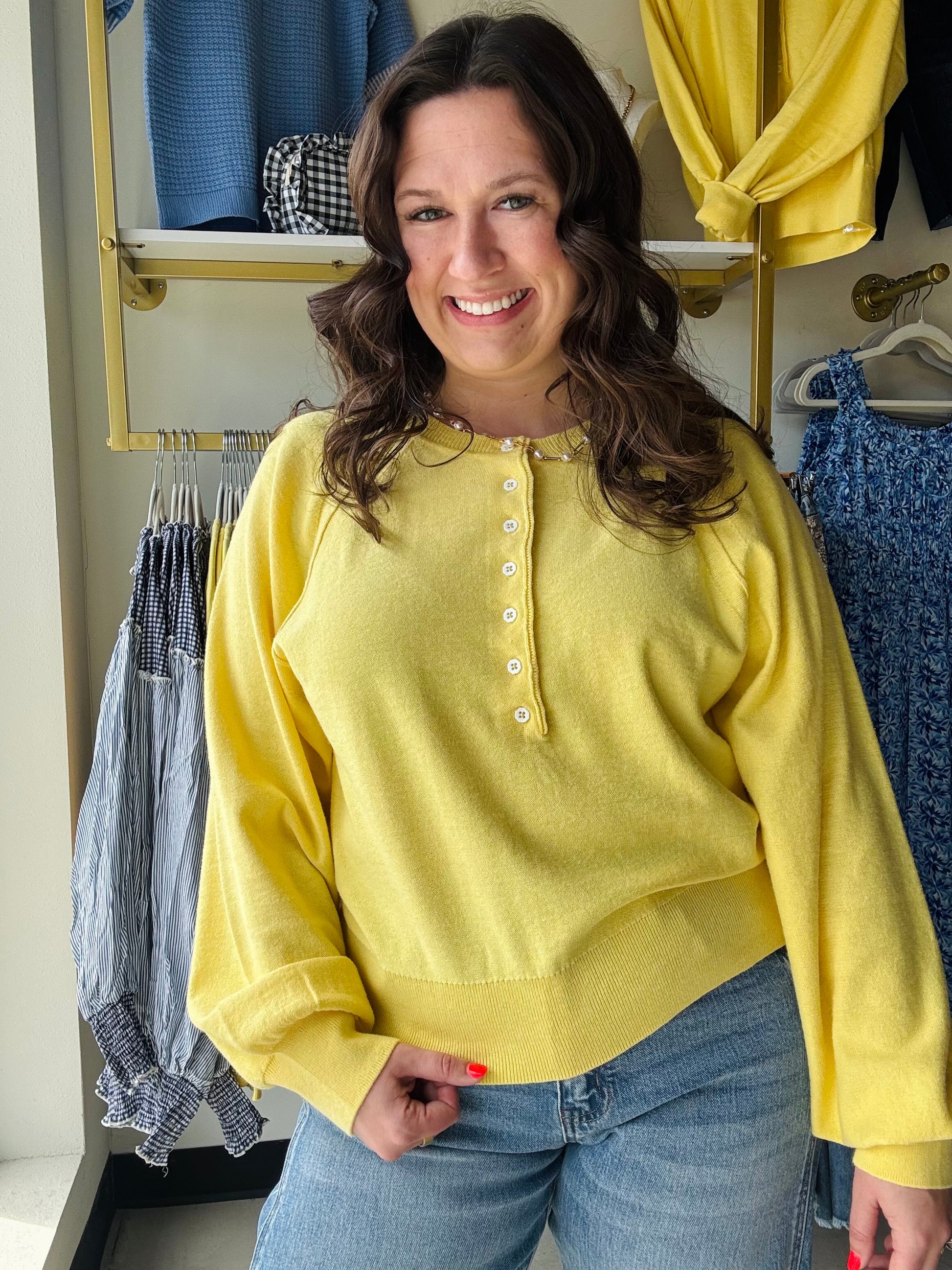 Cotierra

Embrace effortless spring vibes with this ultra-soft, sunshine yellow Henley knit. The relaxed, minimalist silhouette and chic button-down neckline pair perfectly with denim for a cozy, trendy look.

Buttery-soft knit for all-day comfort.
Chic Henley half-button neckline.
Relaxed fit for effortless styling.
Vibrant yellow brightens gloomy days.
Cozy ribbed cuffs and hem.
Versatile minimalist fall fashion staple.
