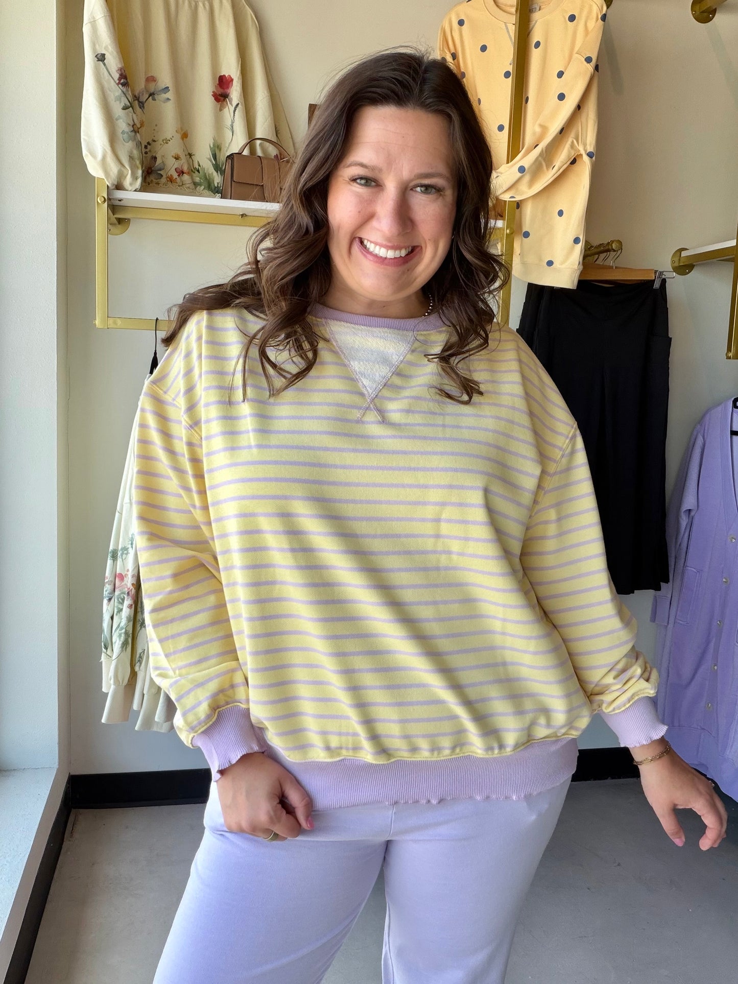 Embrace effortless charm with this pink and lilac striped knit pullover. Featuring a playful lettuce hem and a relaxed oversized fit, it’s the ultimate cozy-chic essential for transitional weather. Elevate your everyday style with a refreshing pop of pastel comfort

Soft breathable knit for all-day comfort.
Trendy lettuce hem adds feminine flair.
Relaxed fit for effortless layering.
Vibrant pastel stripes brighten your look.
Durable ribbing maintains its shape.
Perfect for casual-chic weekend style.