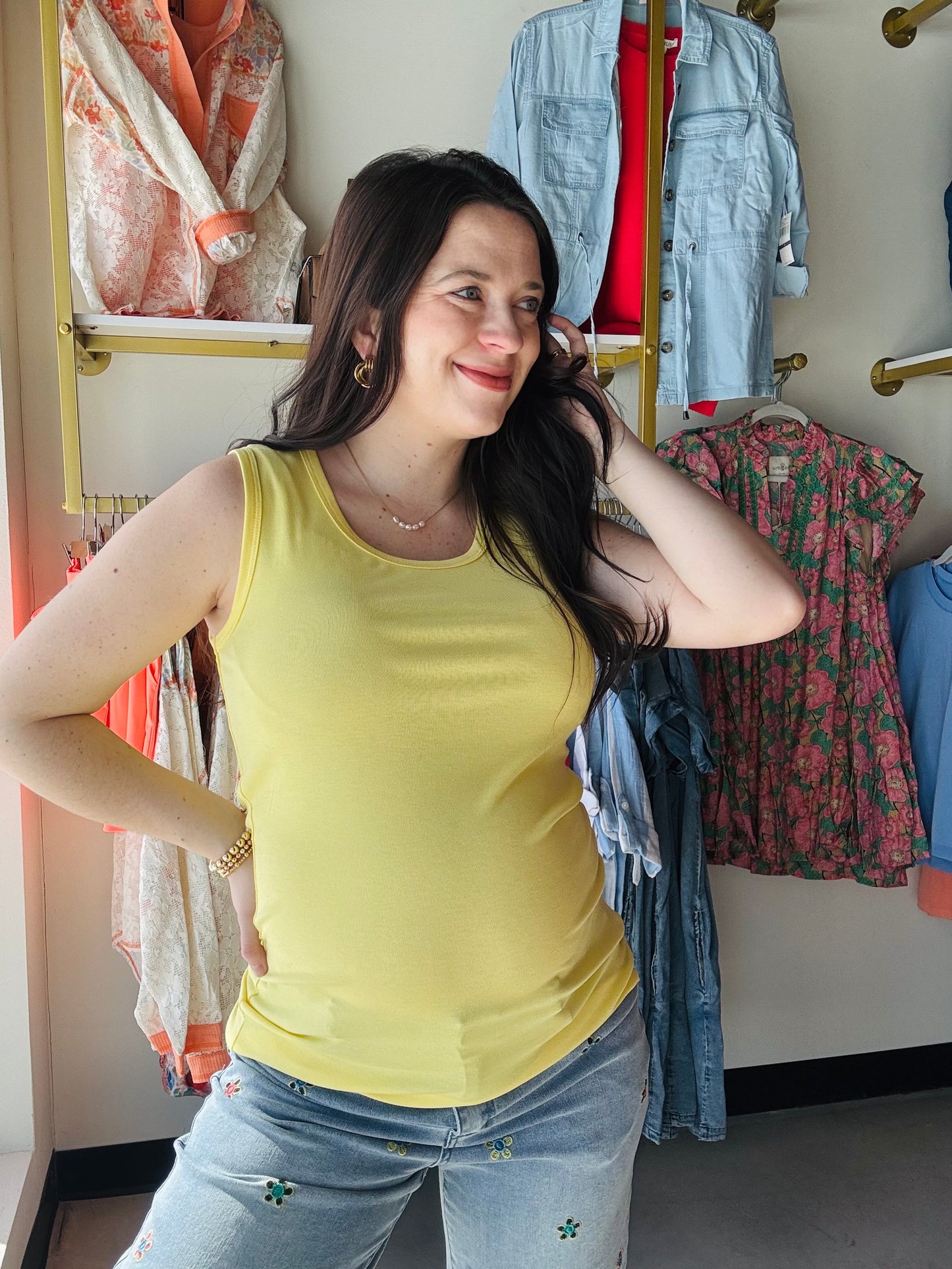 Michelle Mae

Elevate your basics with the Ava Tank, your next go-to everyday essential! Crafted from micro ribbed fabric, this tank offers incredible stretch and a flattering feminine fit. Wear it alone or layer it with your favorite cardigan—this versatile piece is a must-have in every wardrobe.&nbsp;

Fabric: 66% Rayon, 28% Polyester, 6% Spandex
Fabric Style: Stretchy knit
Stretch Factor: Mid to high stretch
Fit: Runs true to size