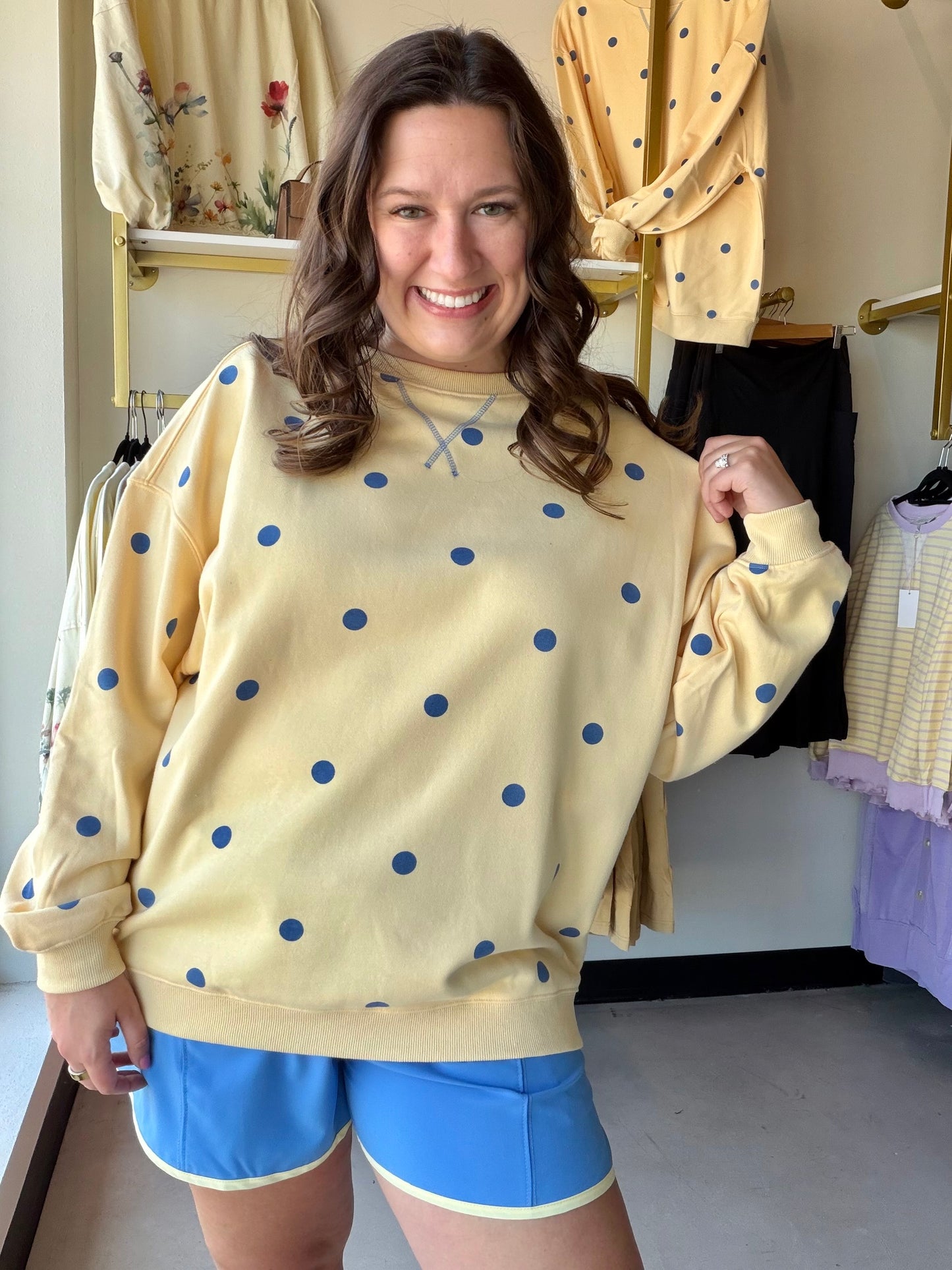 Embrace effortless boho charm with this buttery yellow terry pullover featuring playful navy polka dots. Crafted from ultra-soft fabric with a relaxed silhouette, it’s the ultimate high-comfort essential for your everyday wardrobe.

Ultra-soft premium French terry fabric.
Relaxed, oversized boho-chic fit.
Playful all-over navy polka dots.
Breathable comfort for all-day wear.
Classic ribbed cuffs and neckline.
Versatile styling for effortless looks.
