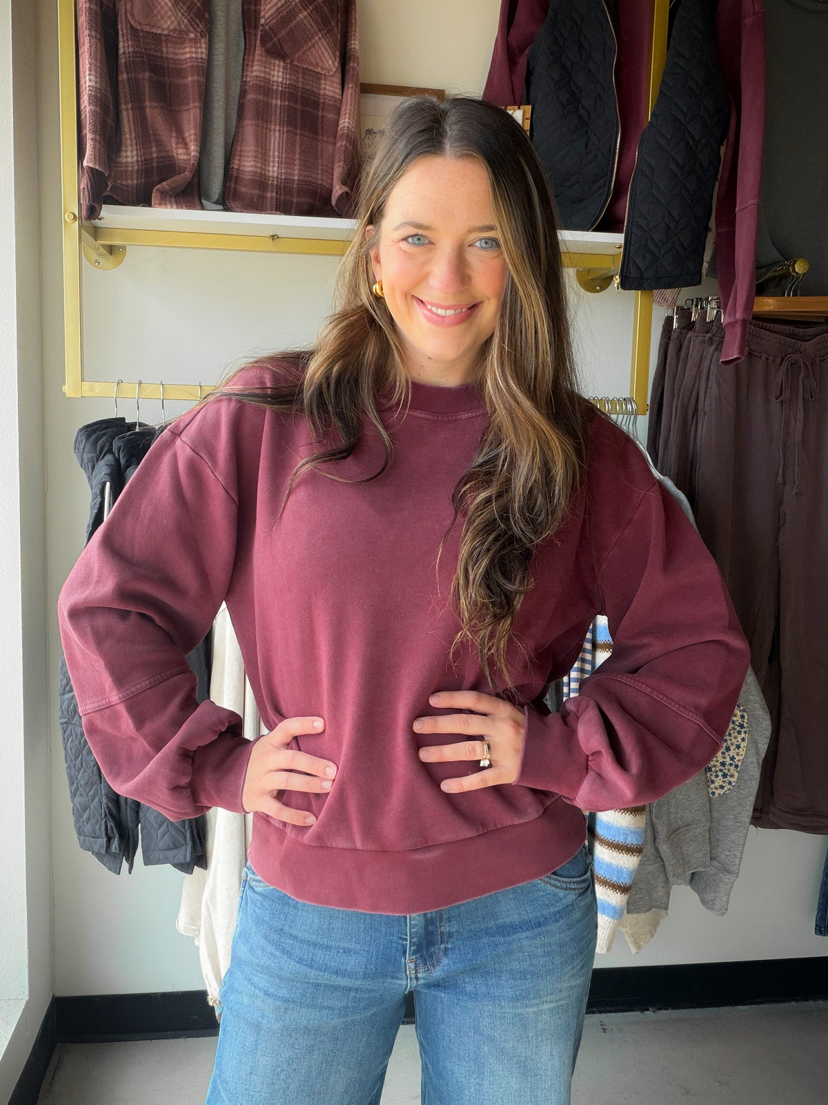 Thread &amp; Supply

Style Description:

Forever cozy in a casual classic, this staple sweatshirt is featured in a soft cotton blend fabrication with a crew neckline and puffed sleeves for that forever-femme finish.

Round neckline
Drop shoulder
Measurements for a size small:

Length: 23.5"
Chest: 21.5"
Sleeve length: 21.5"
Sweep: 19"
Fabric Content/Care:&nbsp;

55% Cotton
45% Polyester
Machine Wash Cold
