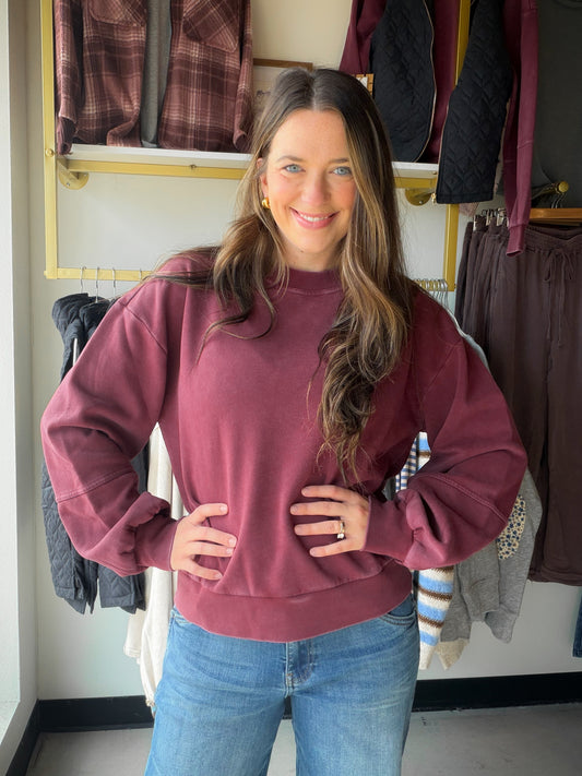Thread &amp; Supply

Style Description:

Forever cozy in a casual classic, this staple sweatshirt is featured in a soft cotton blend fabrication with a crew neckline and puffed sleeves for that forever-femme finish.

Round neckline
Drop shoulder
Measurements for a size small:

Length: 23.5"
Chest: 21.5"
Sleeve length: 21.5"
Sweep: 19"
Fabric Content/Care:&nbsp;

55% Cotton
45% Polyester
Machine Wash Cold
