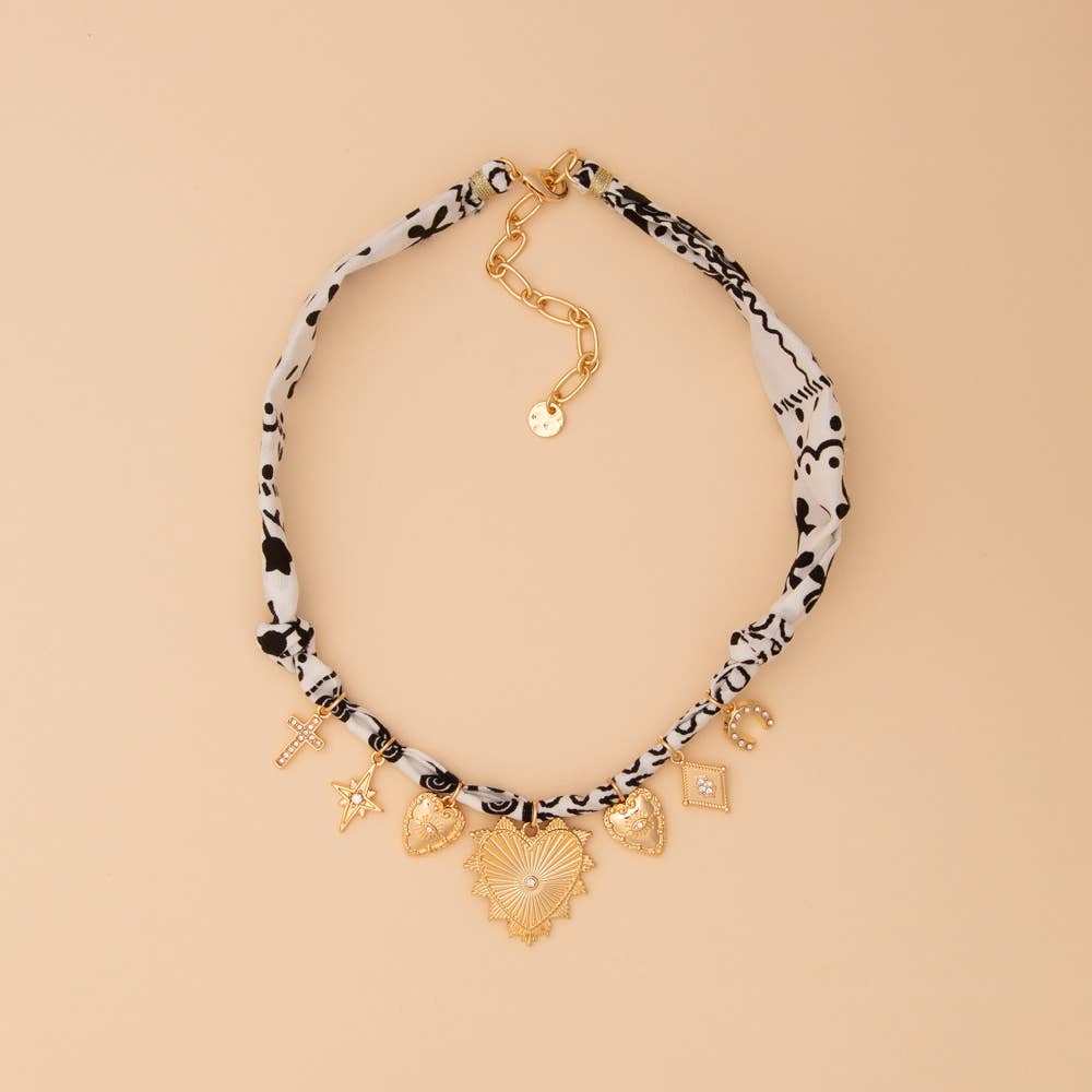 Bandana Necklace with Gold Heart and Trinkets