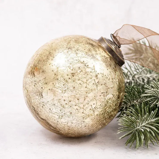 4" Extra Large Gold Crackle Glass Christmas Bauble