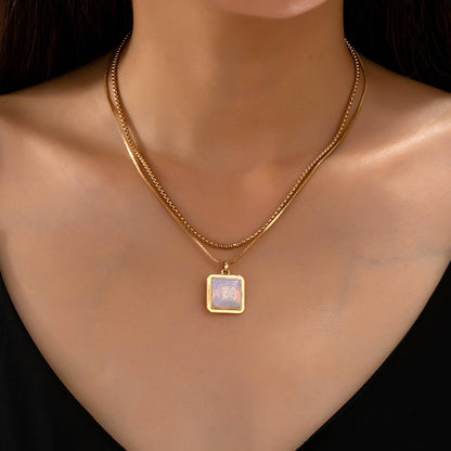 Layered Square Opal Pendant Necklace