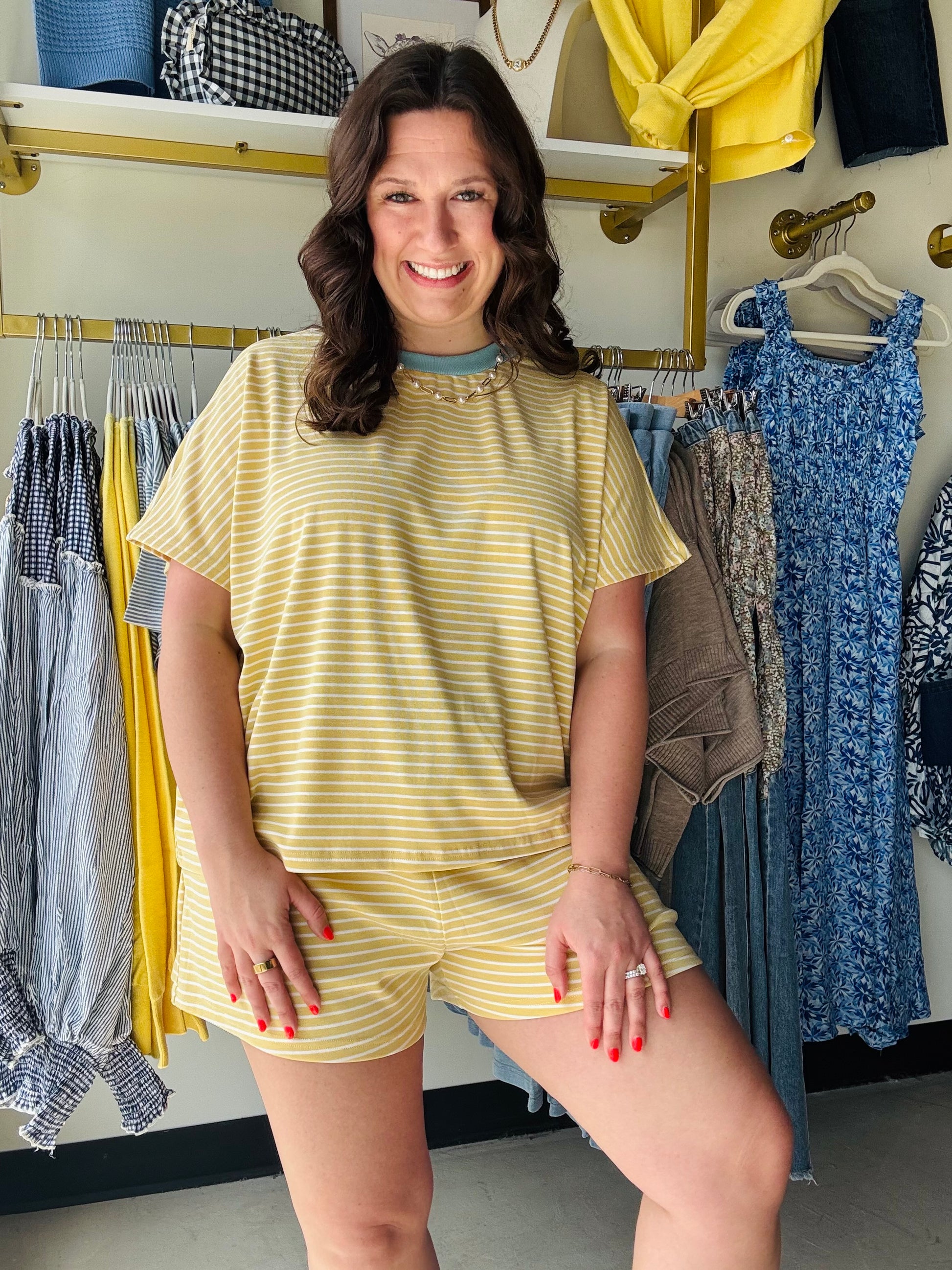 Anniewear

Experience cloud-like comfort in our buttery-soft striped lounge top. Featuring a breezy dolman sleeve and chic contrast neckline, this tee redefines effortless everyday style. It’s the ultimate "wear-everywhere" staple for those who refuse to sacrifice comfort for fashion

Buttery-soft, premium breathable fabric.
Relaxed dolman sleeves for comfort.
Trendy yellow and white stripes.
Stylish blue contrast crew neck.
Effortless fit for all-day wear.
Perfect for lounging or errands.
Designed for long