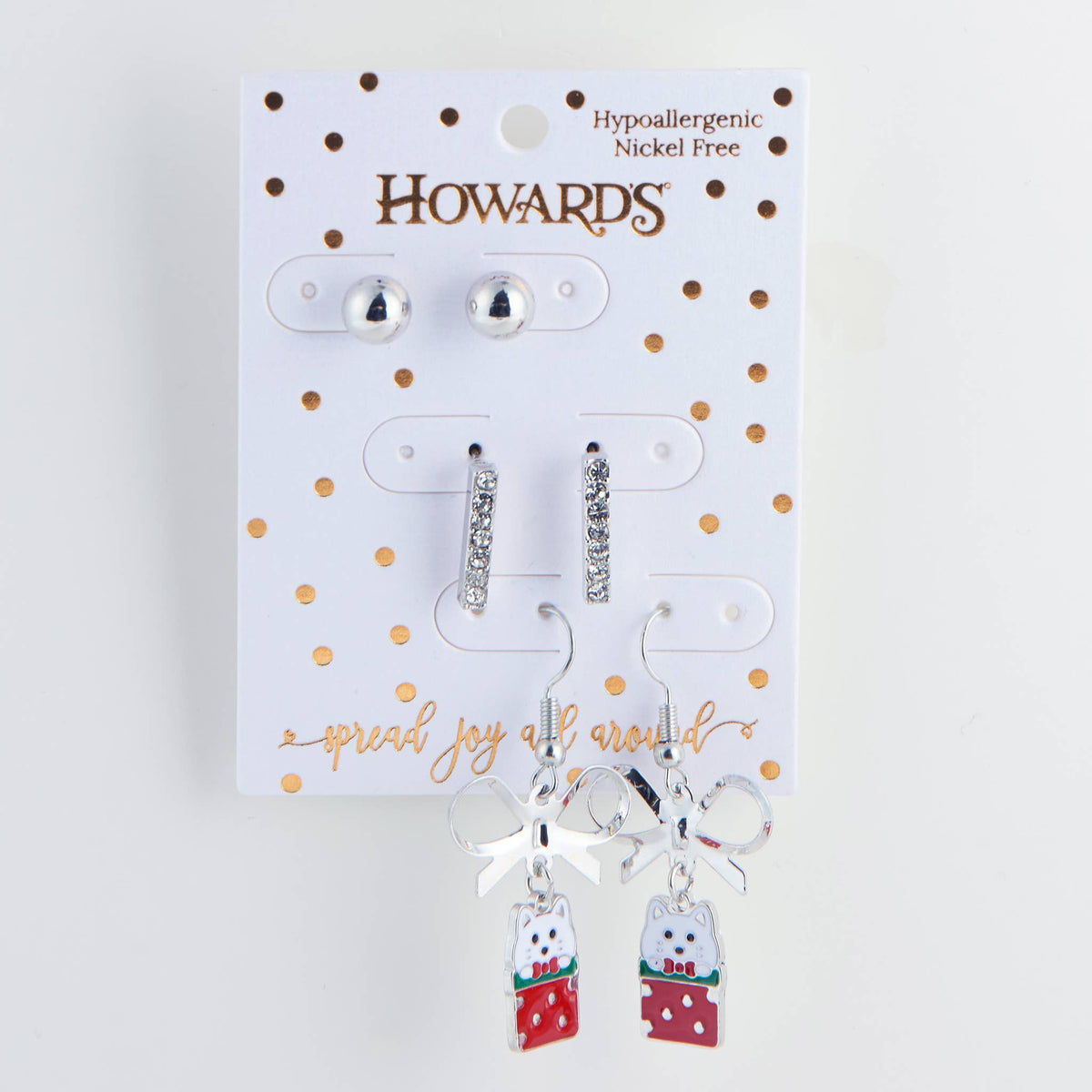 Holiday Christmas Silver Kitty Gift Earring Trio