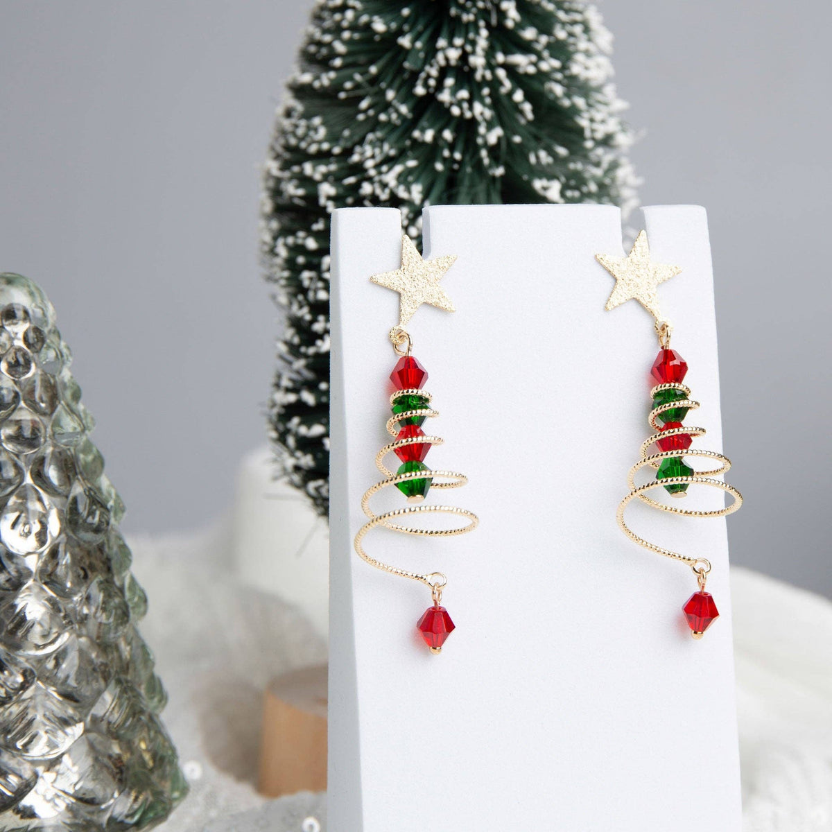 Holiday Christmas Wire Wrapped Tree Beaded Earrings