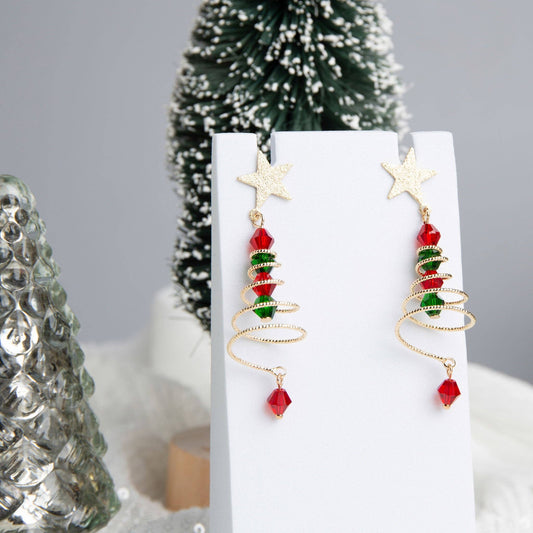 Holiday Christmas Wire Wrapped Tree Beaded Earrings