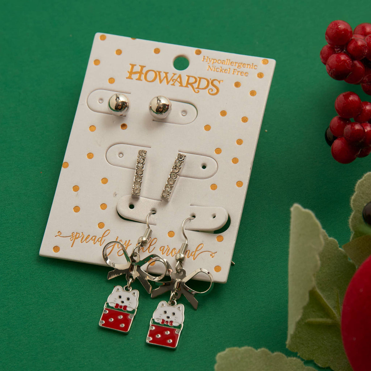 Holiday Christmas Silver Kitty Gift Earring Trio