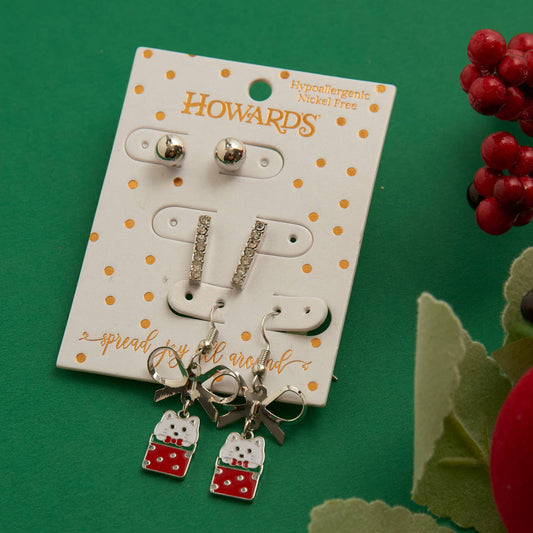 Holiday Christmas Silver Kitty Gift Earring Trio