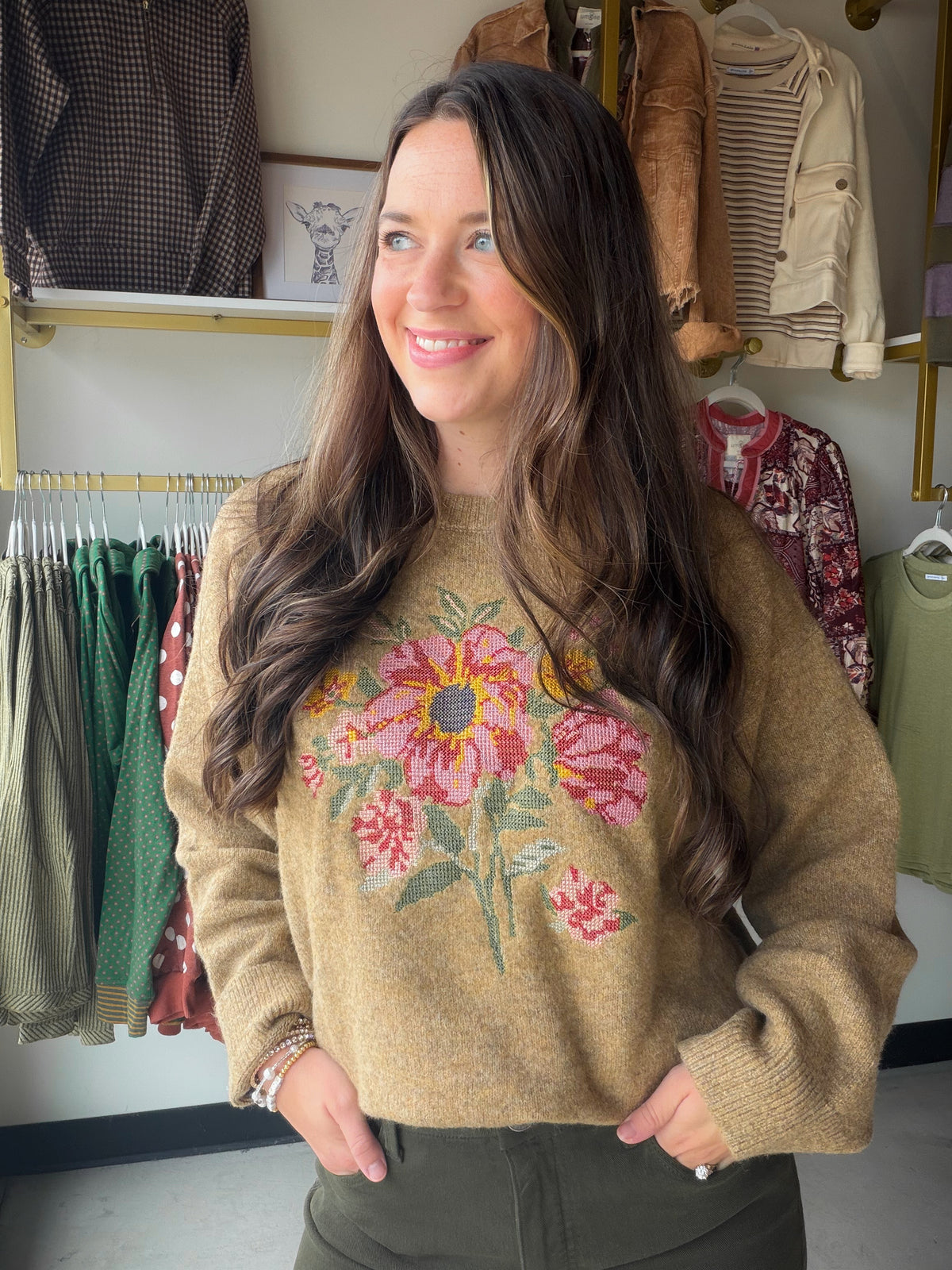Easel

FLORAL EMBROIDERY KNITTED SWEATER
-FLORAL STATEMENT DESIGN
-ROUND NECKLINE
-DROPPED SHOULDERS
-RELAXED FIT
-SOFT KNIT FABRICATION
-RIBBED CUFFS AND RIBBED HEM
-SMALL MEASUREMENTS : LENGTH - 26" &amp; BUST - 23"

Fabric: KNIT
Content: 78% POLYESTER 18% ACRYLIC 4%SPANDEX

FLORAL EMBROIDERY KNITTED SWEATER
