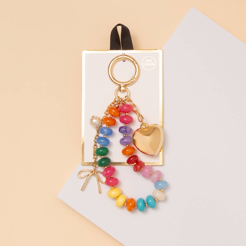 Heart Charm Beaded Bag Charm Keychain with Pearl and Bow