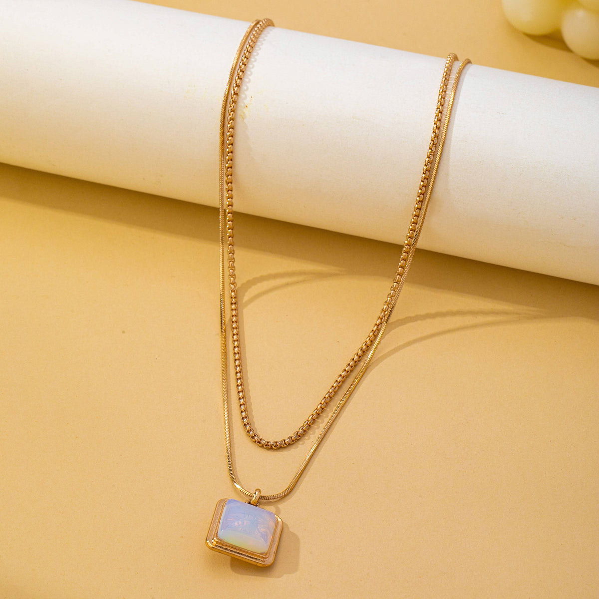 Layered Square Opal Pendant Necklace