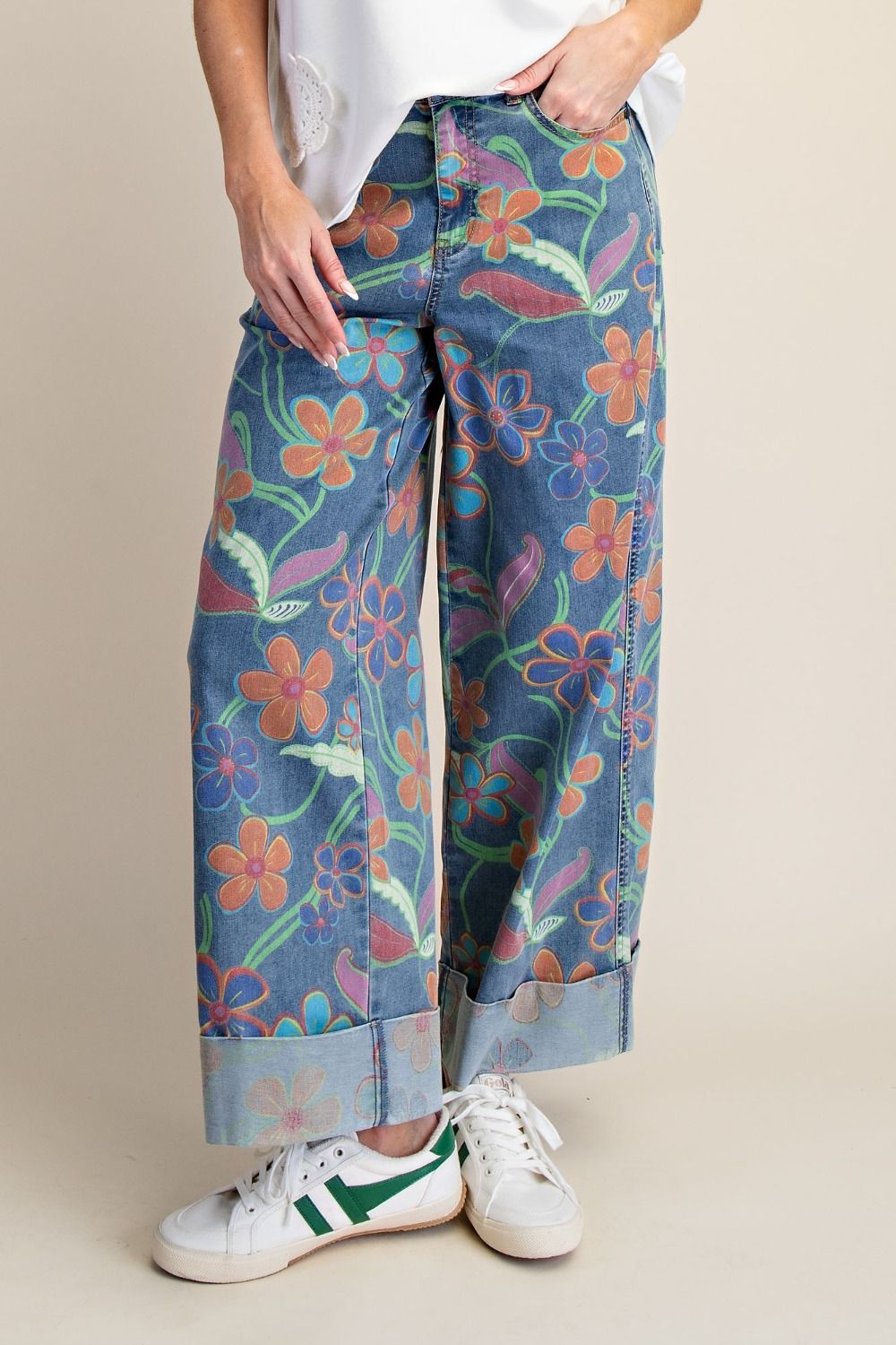 Bold Floral Denim Pants