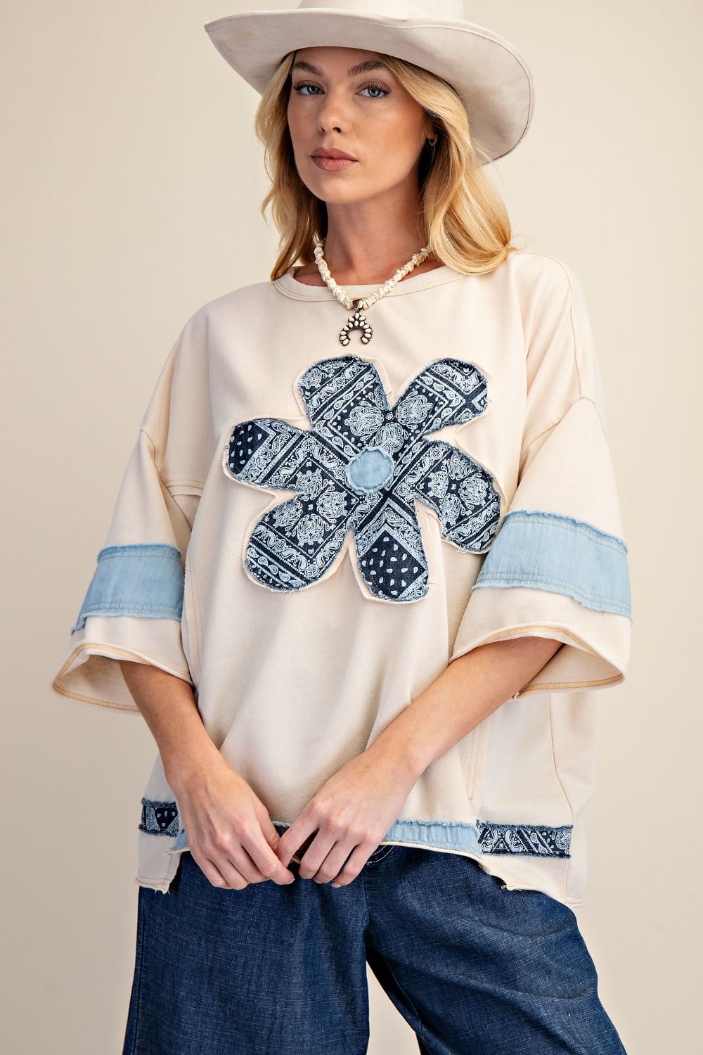 Denim Daisy Patch Terry Top