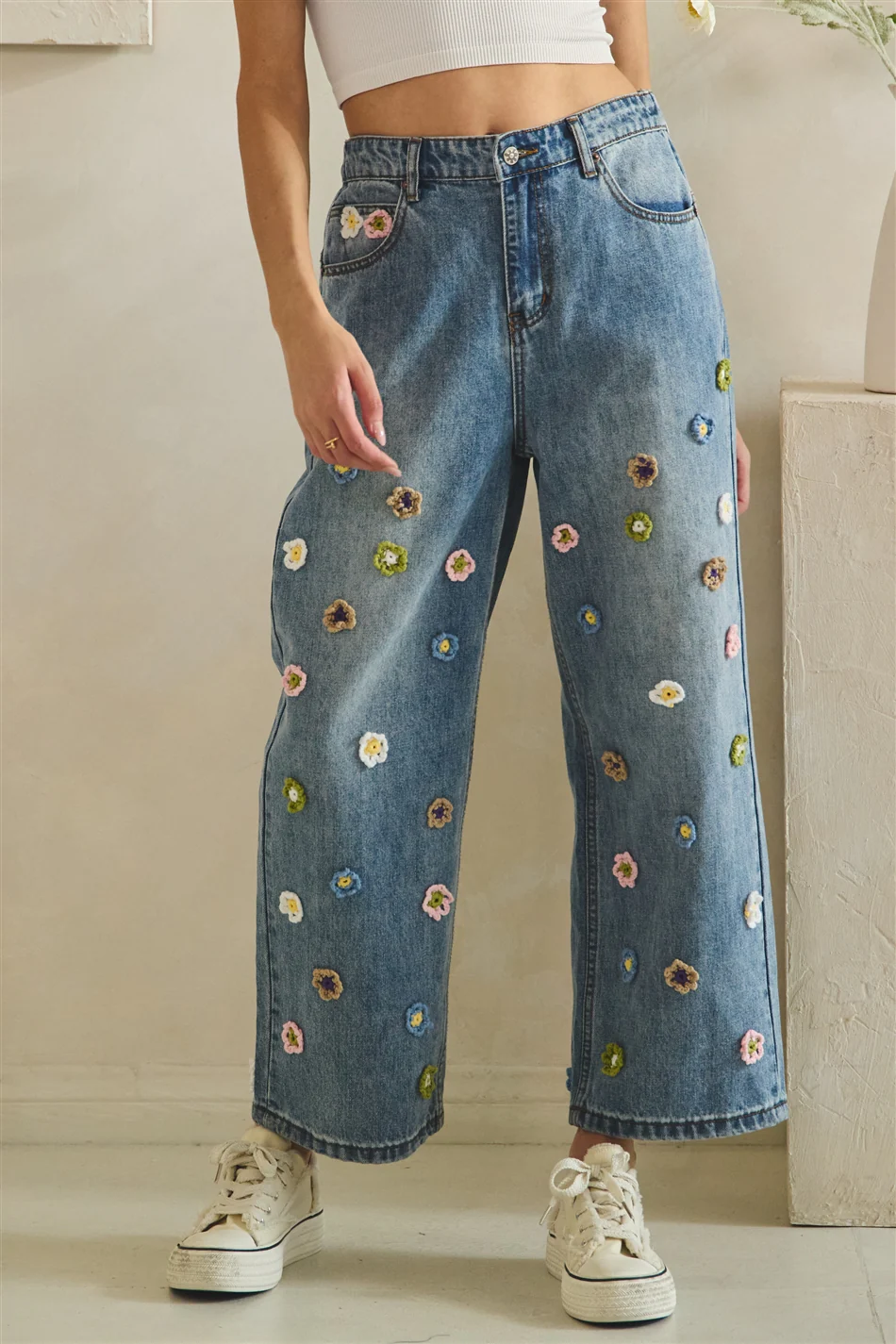 Floral 3D Crochet Denim Pants