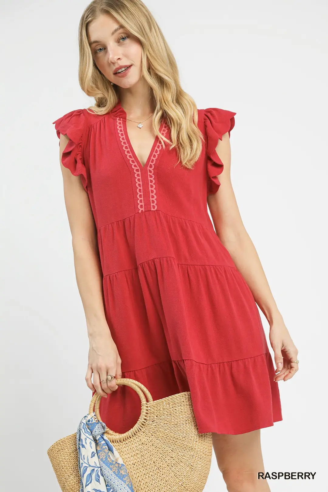 Raspberry Scalloped Linen Tiered Dress
