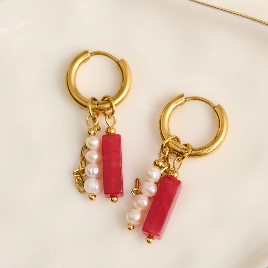 Gemstone Pearl Beaded Hoop Earrings