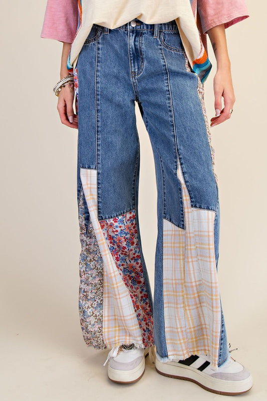 Patchwork Detail Wide Leg Denim