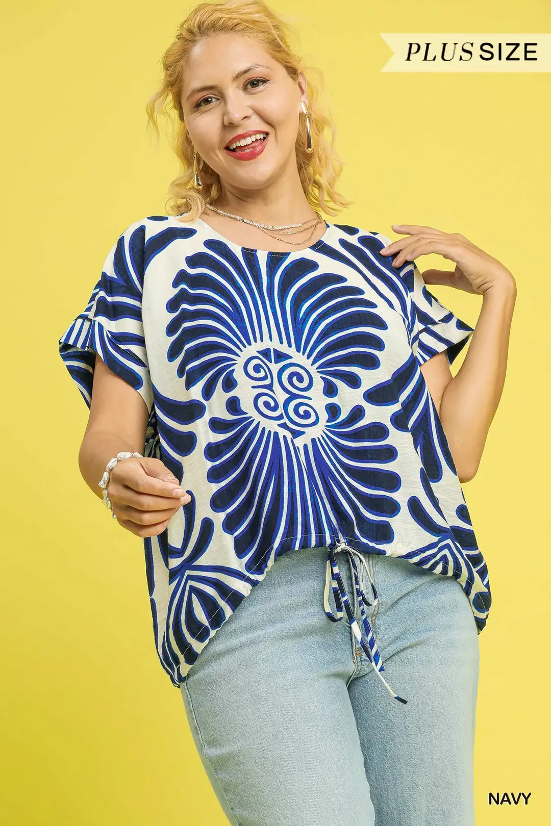 Blue Feather Scoop Neck Top - Plus