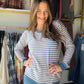 Some days call for a little color with your comfort. The Blue &amp; Pink Stripe Brushed Pullover by Staccato brings cheerful stripes to a casual sweatshirt silhouette. Its crew neck and long raglan sleeves make it an easy choice with denim for coffee runs, weekend plans, and everything in between.

Details to love

Blue and pink striped design.
Crew neckline and long raglan sleeves.
Rayon terry fabric, as listed in the existing product details.
Fabric blend: 45% cotton, 44% rayon, 11% spandex.
Fit &amp; sty