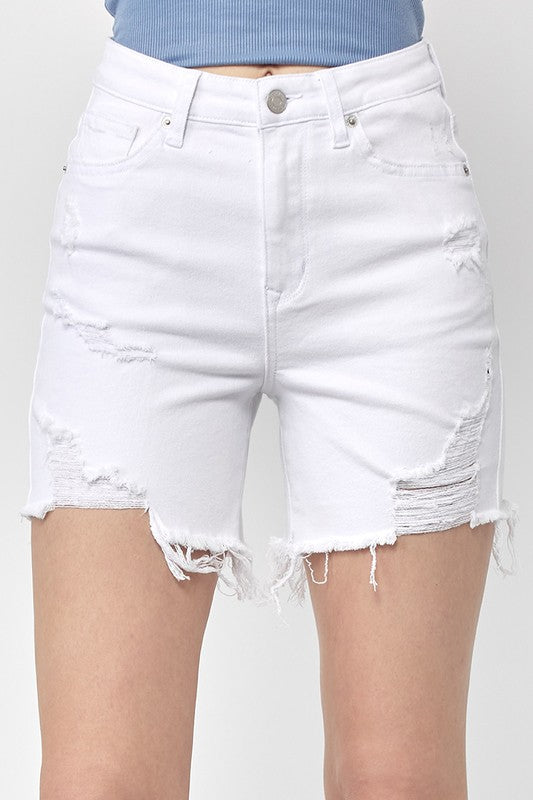 White Distressed Mid Length Denim Shorts