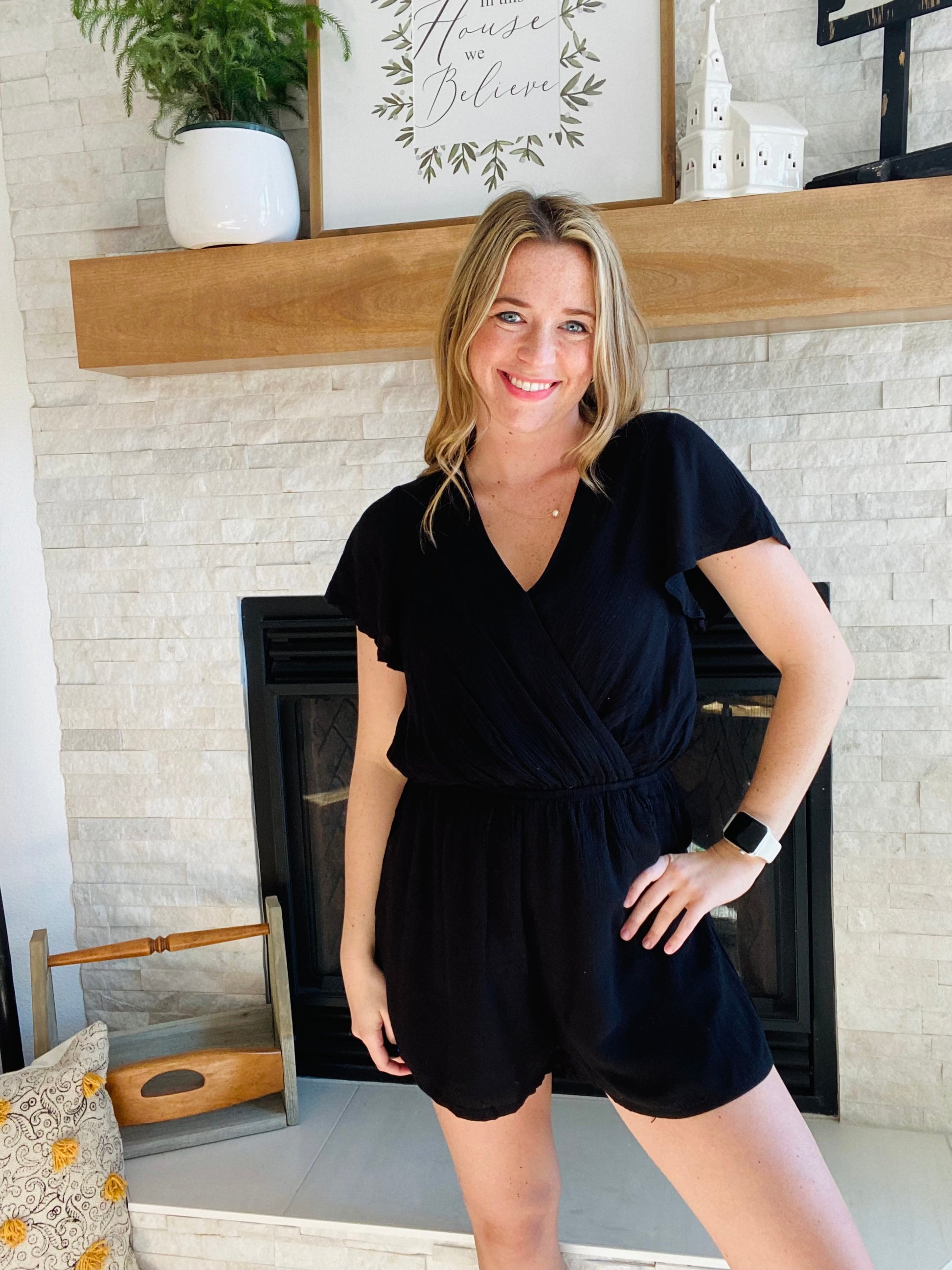 This Black V Neck Wrap Short Sleeve Romper is perfect for summer. Its flattering cinched waistline and flutter sleeves create a classic silhouette, making it timeless and elegant. The romper is easy to style with slip on sandals for an effortless summer 