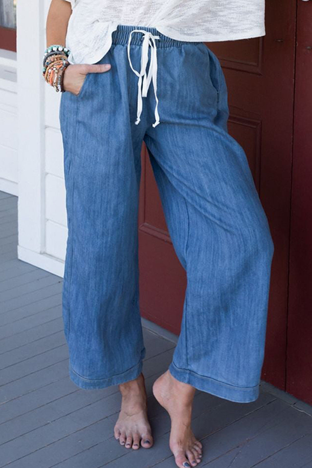 Denim Blue Wide Leg Drawstring Pants