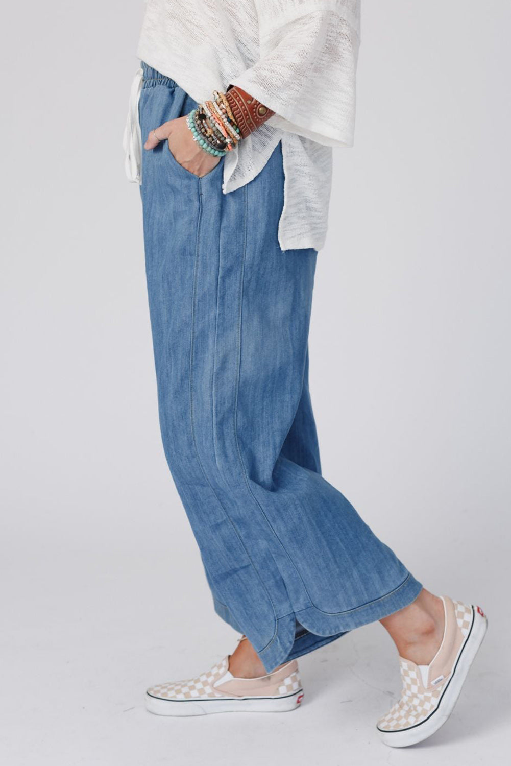 Denim Blue Wide Leg Drawstring Pants