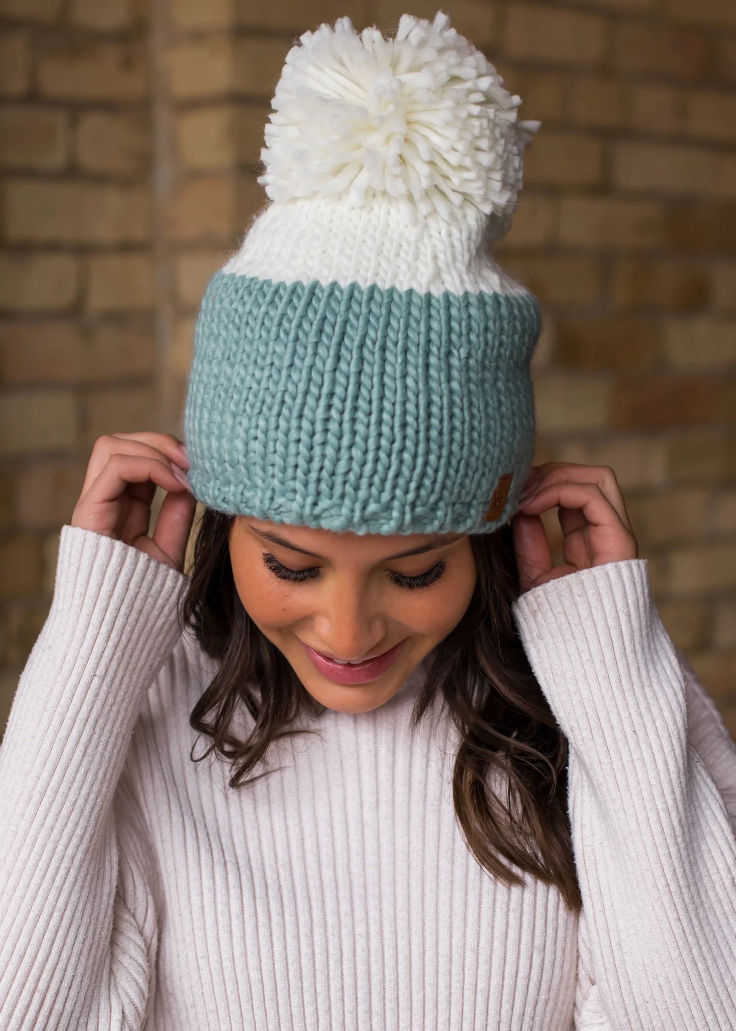 Mint and Ivory Block Knit Hat