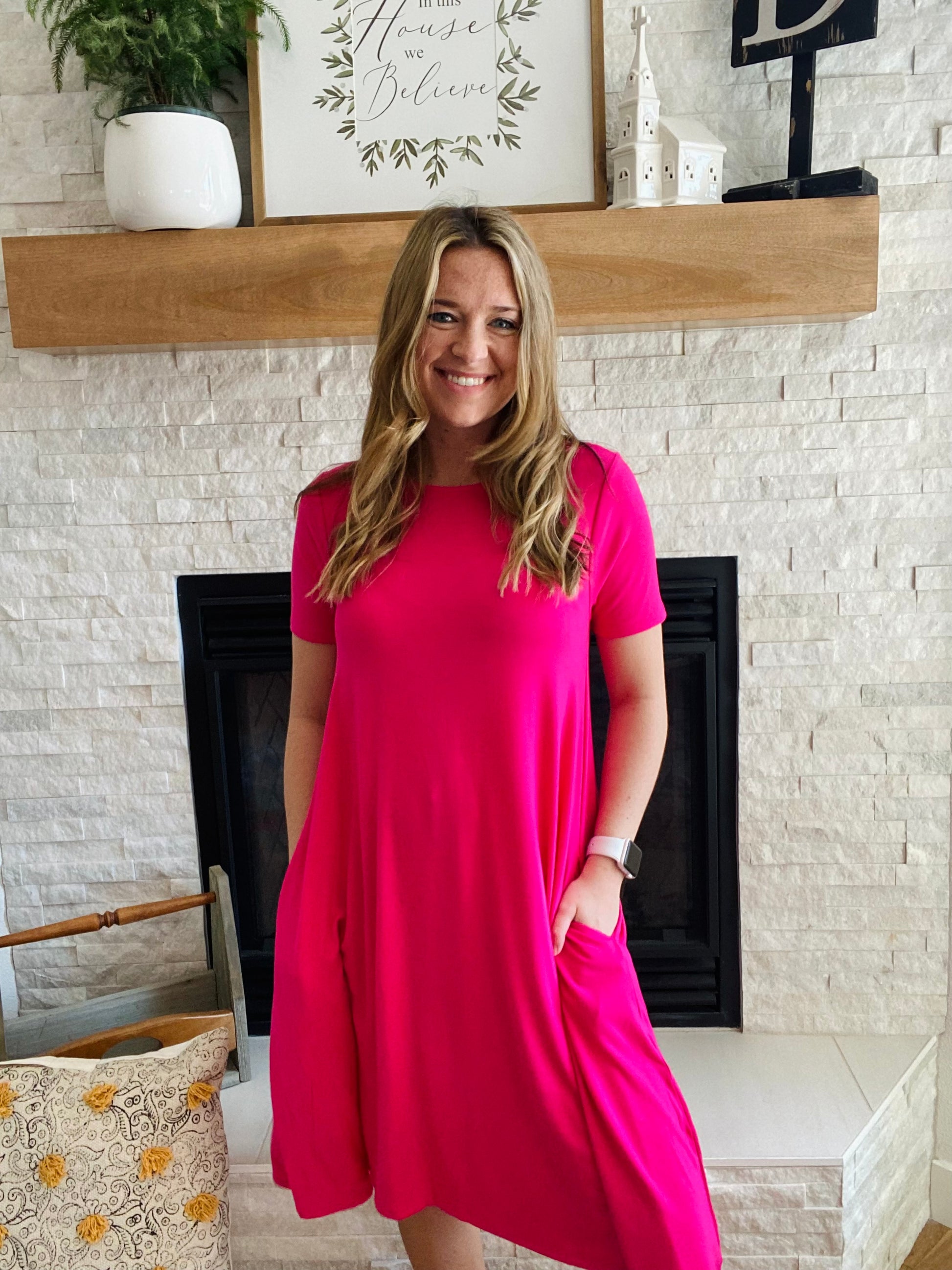 57% Polyester, 38% Rayon, 5% Spandex fits TTS - Sophie is 5'4" and wearing the small.  The #1 summer wardrobe staple! Dress up with heals, a jean jacket, and fun jewelry or dress it down with sneakers or as a swim coverup!