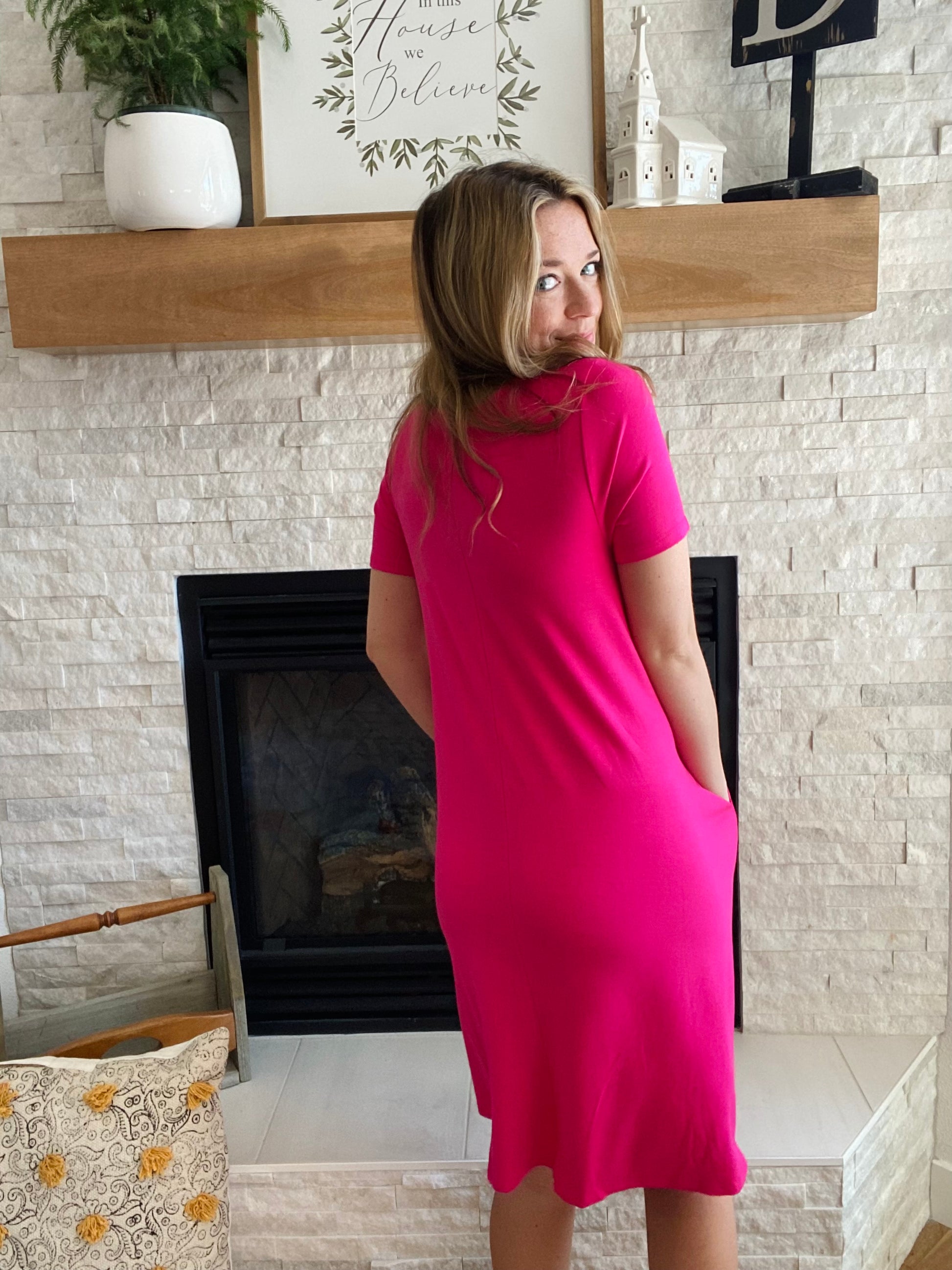 57% Polyester, 38% Rayon, 5% Spandex fits TTS - Sophie is 5'4" and wearing the small.  The #1 summer wardrobe staple! Dress up with heals, a jean jacket, and fun jewelry or dress it down with sneakers or as a swim coverup!