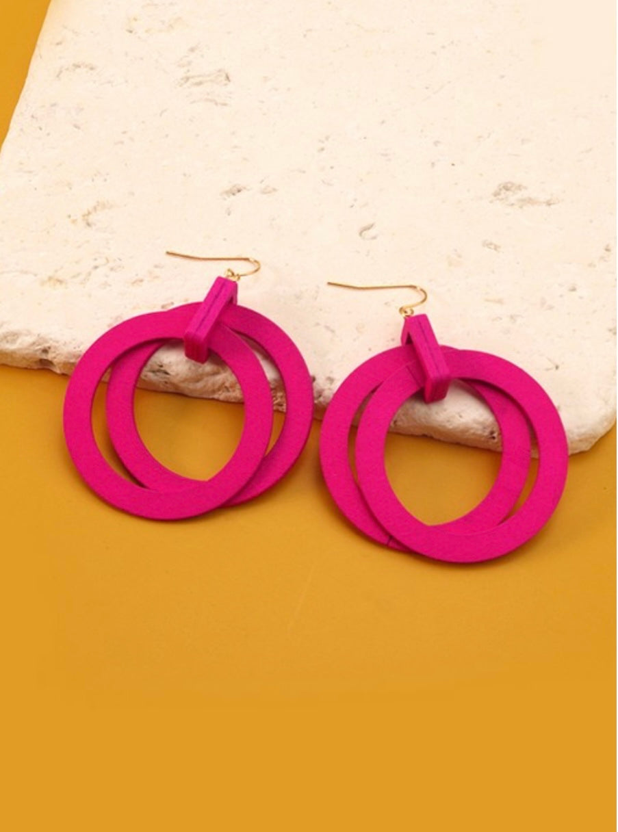 Hot Pink Wood Hoop Earrings