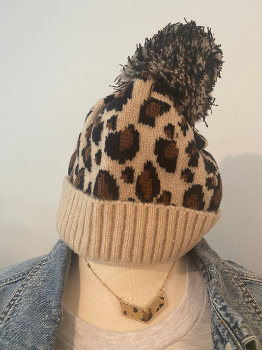 Tan Leopard Pom Hat