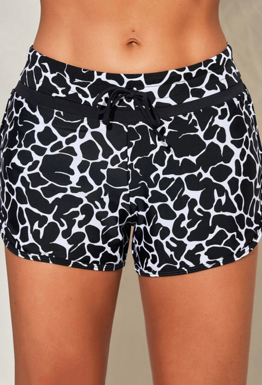 Black Patter Print Drawstring Swim Shorts