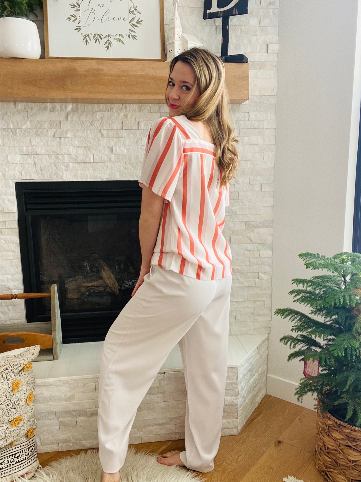 Beige Smocked High Waist Pants